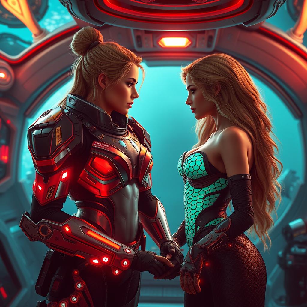 A lesbian sci-fi romance scene featuring a mercenary and a mermaid teaming up to take down an evil corporation that is destroying the planet