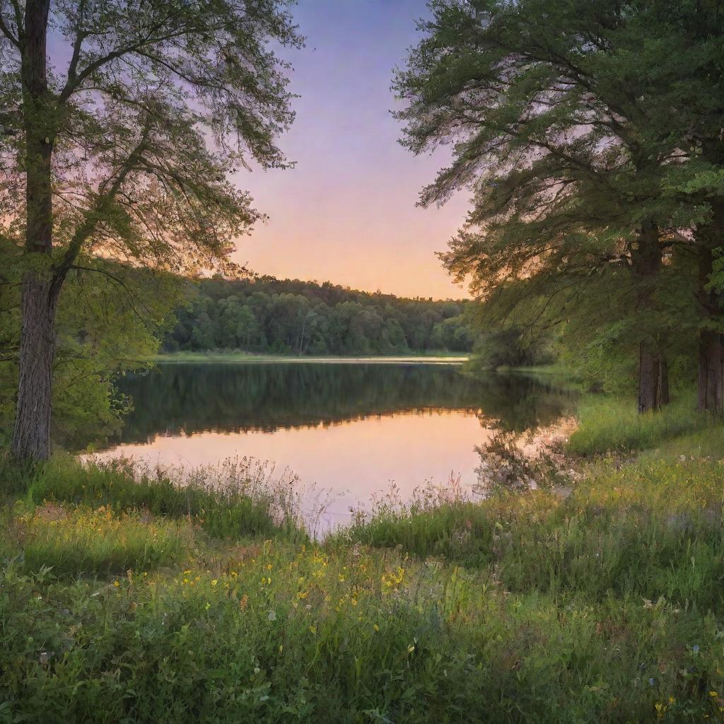 A serene landscape of a glowing sunset over a tranquil lake, with lush, green trees framing the scene and a blanket of wildflowers covering the foreground.