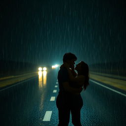 Una pareja dándose un beso bajo la fuerte lluvia en una carretera desierta, de noche