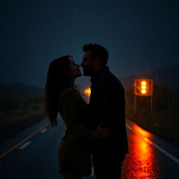 Una pareja dándose un beso bajo la fuerte lluvia en una carretera desierta, de noche