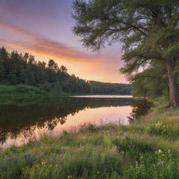 A serene landscape of a glowing sunset over a tranquil lake, with lush, green trees framing the scene and a blanket of wildflowers covering the foreground.