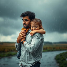 A touching scene of a man carrying a girl in his arms under the rain on a cloudy day