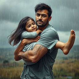 A touching scene of a man carrying a girl in his arms under the rain on a cloudy day