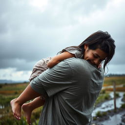 A touching scene of a man carrying a girl in his arms under the rain on a cloudy day