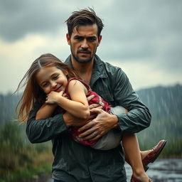 A touching scene of a man carrying a girl in his arms under the rain on a cloudy day