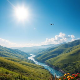 A serene landscape featuring a clear blue sky, rolling green hills, and a sparkling river flowing through the valley