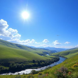 A serene landscape featuring a clear blue sky, rolling green hills, and a sparkling river flowing through the valley