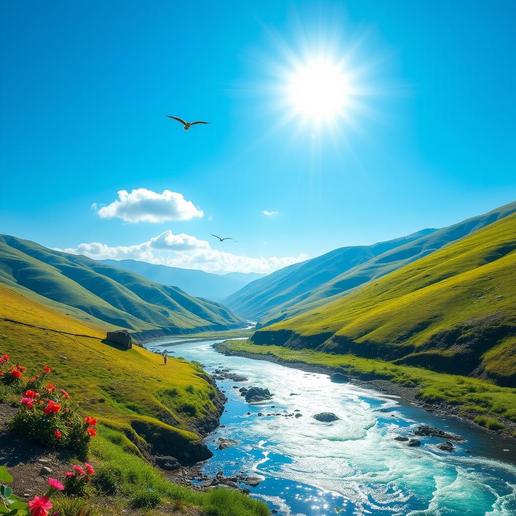 A serene landscape featuring a clear blue sky, rolling green hills, and a sparkling river flowing through the valley