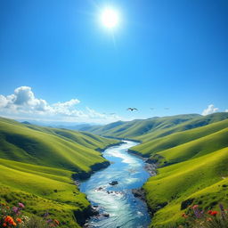 A serene landscape featuring a clear blue sky, rolling green hills, and a sparkling river flowing through the valley