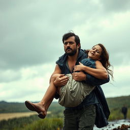 A dramatic scene of a man carrying a woman in his arms under the rain on a cloudy day