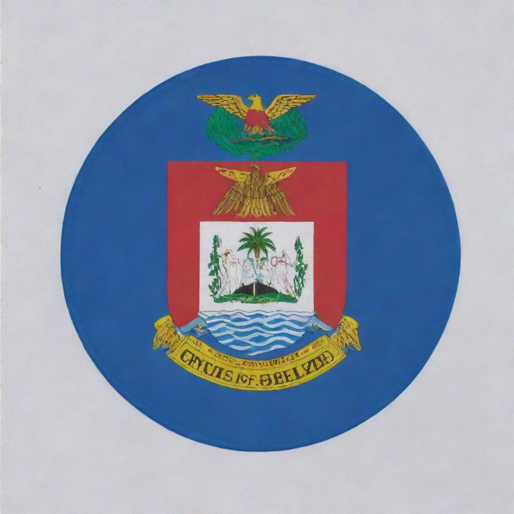 The flag of Belize, featuring a blue field with two red horizontal stripes, and in the center, Belize's coat of arms on a white disc.