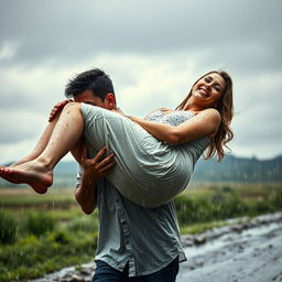 A dramatic scene of a man carrying a woman in his arms under the rain on a cloudy day