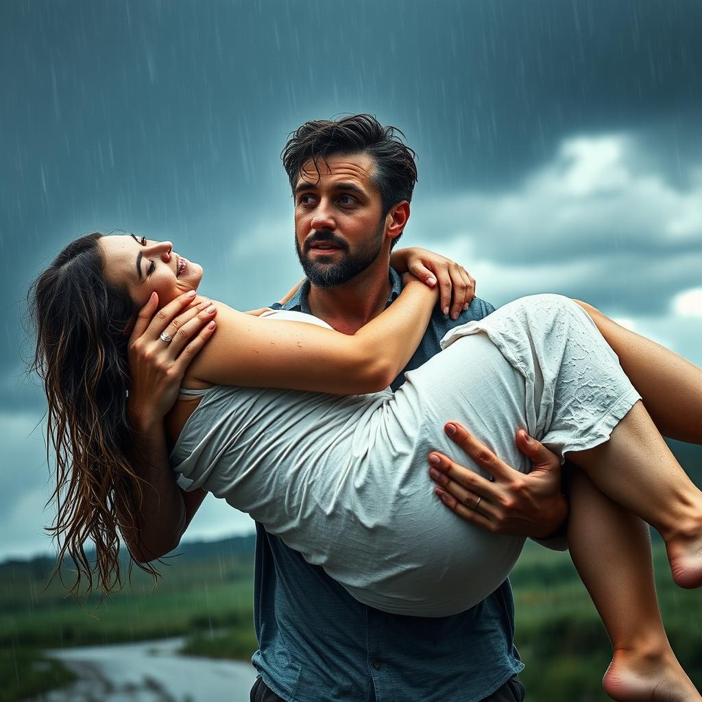 A dramatic scene of a man carrying a woman in his arms under the rain on a cloudy day