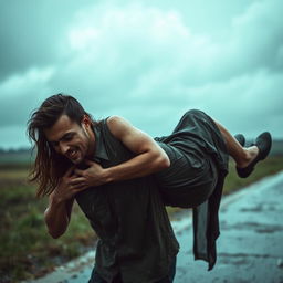 A dramatic scene of a man carrying a woman in his arms under the rain on a cloudy day