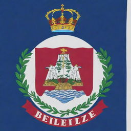 The flag of Belize, featuring a blue field with two red horizontal stripes, and in the center, Belize's coat of arms on a white disc.