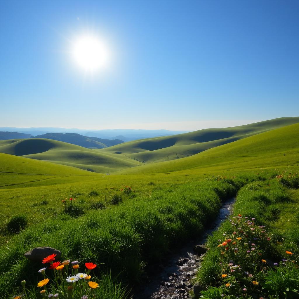 A beautiful landscape with rolling hills, a clear blue sky, and a bright sun shining down