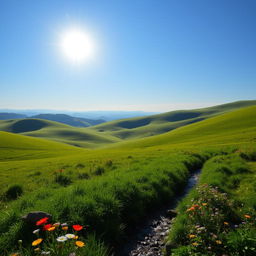 A beautiful landscape with rolling hills, a clear blue sky, and a bright sun shining down