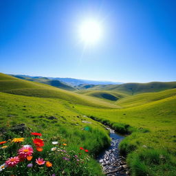 A beautiful landscape with rolling hills, a clear blue sky, and a bright sun shining down