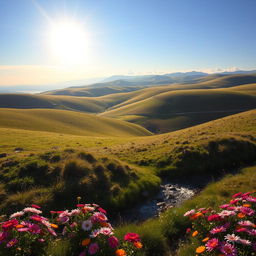 A beautiful landscape with rolling hills, a clear blue sky, and a bright sun shining down