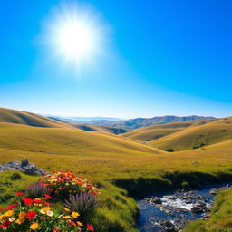 A beautiful landscape with rolling hills, a clear blue sky, and a bright sun shining down