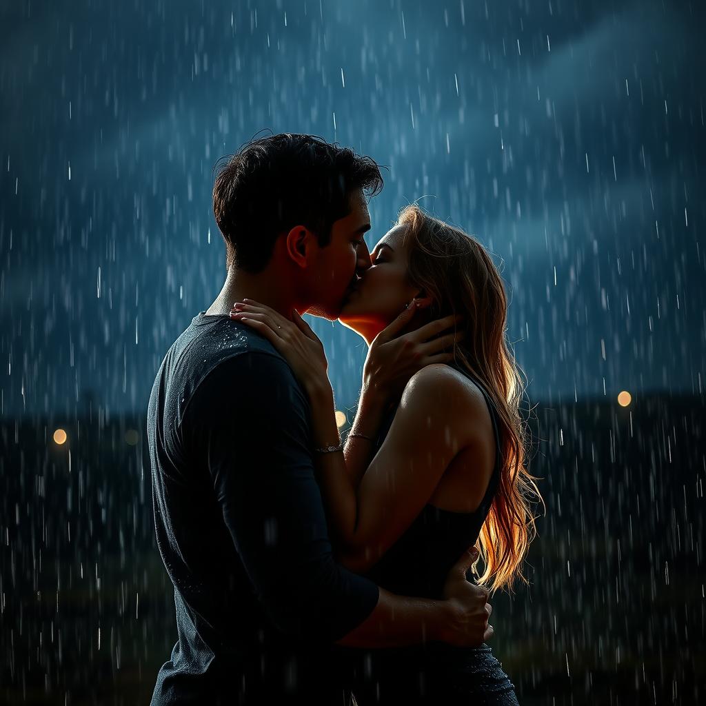 A passionate scene of a man kissing a woman under heavy rain on a cloudy night