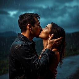 A passionate scene of a man kissing a woman under heavy rain on a cloudy night