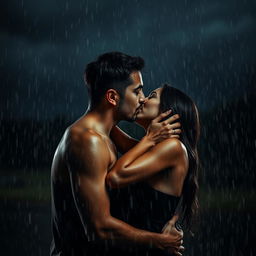 A passionate scene of a man kissing a woman under heavy rain on a cloudy night