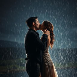 A passionate scene of a man kissing a woman under heavy rain on a cloudy night