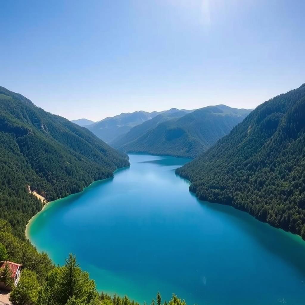 A beautiful landscape featuring a serene lake surrounded by lush green mountains under a clear blue sky