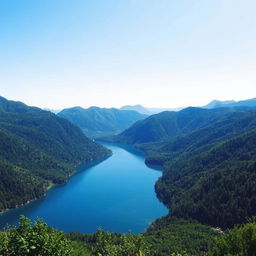 A beautiful landscape featuring a serene lake surrounded by lush green mountains under a clear blue sky