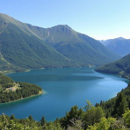 A beautiful landscape featuring a serene lake surrounded by lush green mountains under a clear blue sky