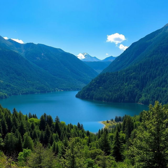 A beautiful landscape featuring a serene lake surrounded by lush green mountains under a clear blue sky