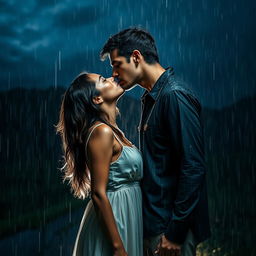 A romantic scene of a taller man kissing a shorter woman under heavy rain on a cloudy night