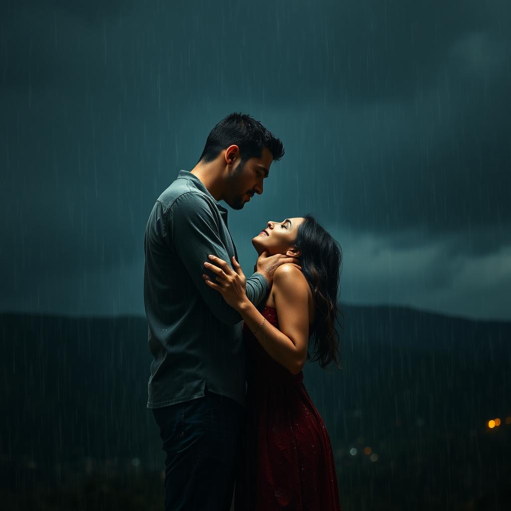 A romantic scene of a taller man kissing a shorter woman under heavy rain on a cloudy night