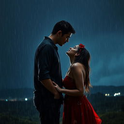 A romantic scene of a taller man kissing a shorter woman under heavy rain on a cloudy night