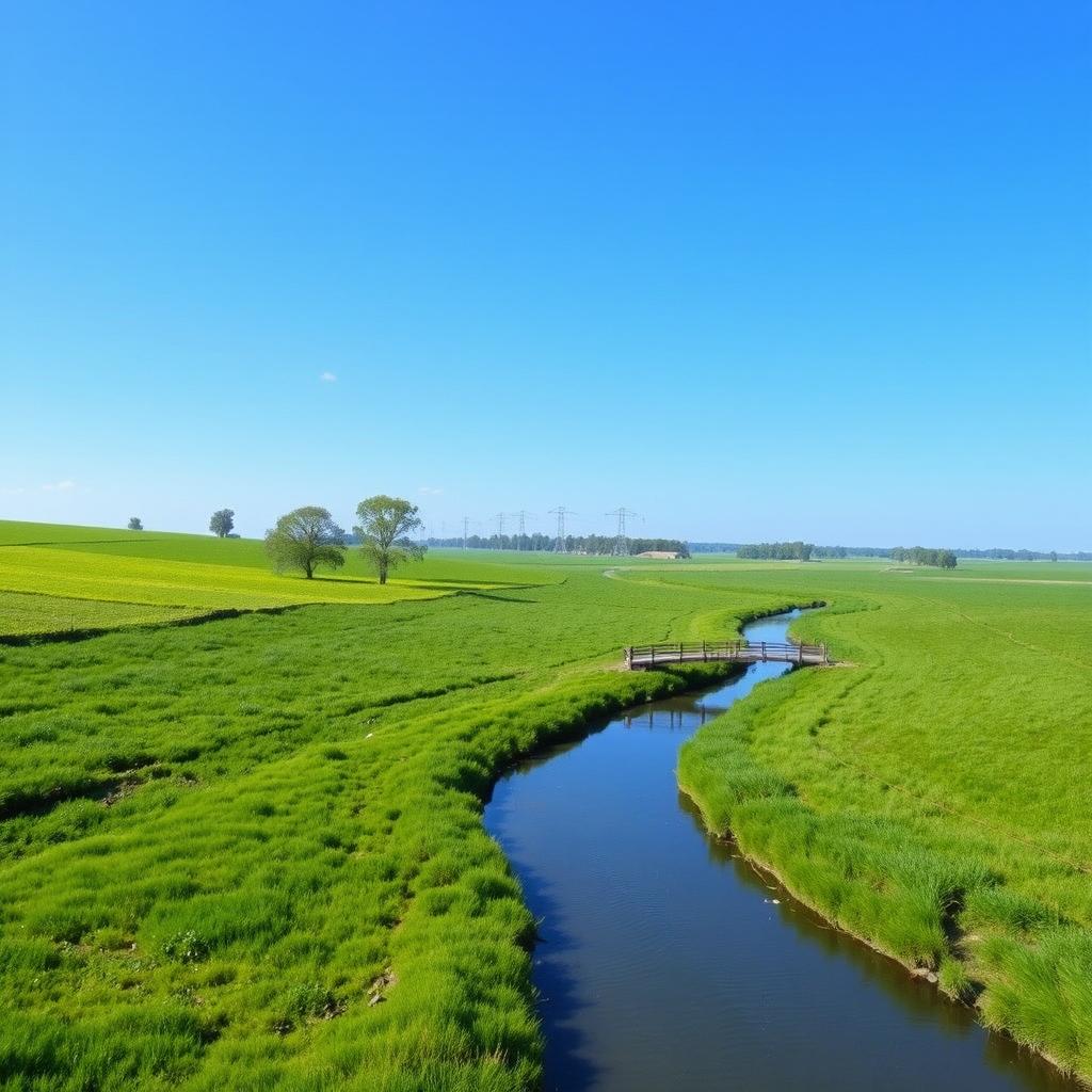 Create an image of a serene landscape with a clear blue sky, lush green fields, and a calm river flowing through it