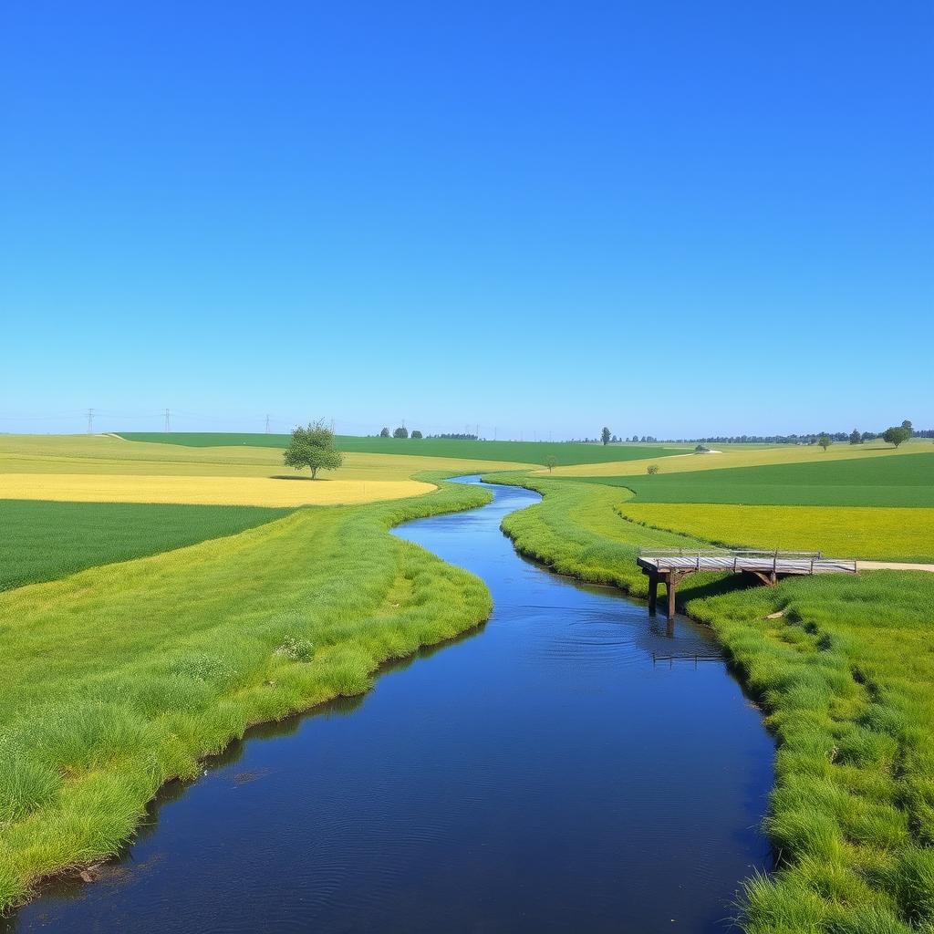 Create an image of a serene landscape with a clear blue sky, lush green fields, and a calm river flowing through it