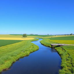 Create an image of a serene landscape with a clear blue sky, lush green fields, and a calm river flowing through it