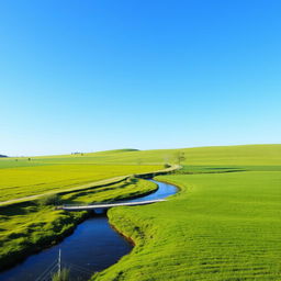 Create an image of a serene landscape with a clear blue sky, lush green fields, and a calm river flowing through it