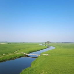 Create an image of a serene landscape with a clear blue sky, lush green fields, and a calm river flowing through it