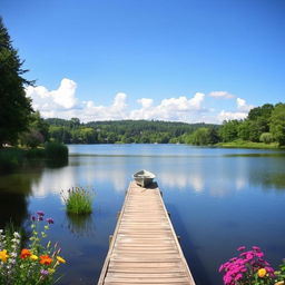 A serene landscape featuring a calm lake surrounded by lush green trees and colorful flowers under a clear blue sky with a few fluffy white clouds