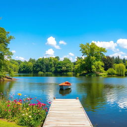 A serene landscape featuring a calm lake surrounded by lush green trees and colorful flowers under a clear blue sky with a few fluffy white clouds