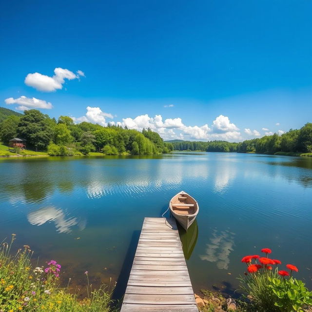 A serene landscape featuring a calm lake surrounded by lush green trees and colorful flowers under a clear blue sky with a few fluffy white clouds