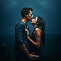 A romantic scene of a handsome man kissing a shorter woman under heavy rain on a cloudy night