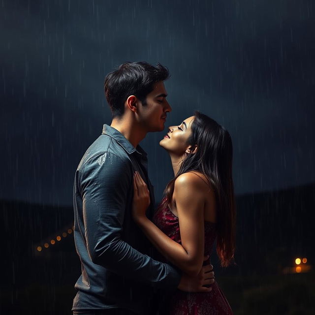 A romantic scene of a handsome man kissing a shorter woman under heavy rain on a cloudy night