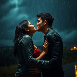 A romantic scene of a handsome man kissing a shorter woman under heavy rain on a cloudy night