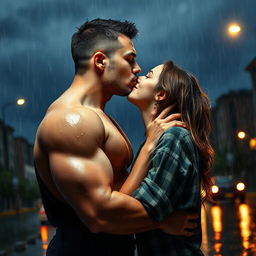 A romantic scene of a handsome and muscular man kissing a shorter girl under the heavy rain on a cloudy night