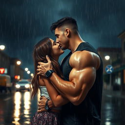 A romantic scene of a handsome and muscular man kissing a shorter girl under the heavy rain on a cloudy night