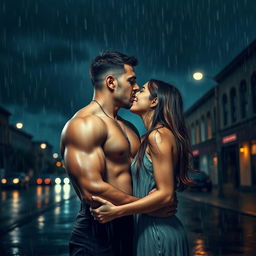 A romantic scene of a handsome and muscular man kissing a shorter girl under the heavy rain on a cloudy night