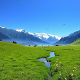 A serene landscape featuring a clear blue sky, a lush green meadow, and a gentle stream flowing through the middle